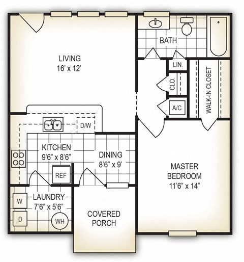 The Cottage 1 bedroom 1 bathroom floor plan at Dothan Farms Apartments, Dothan